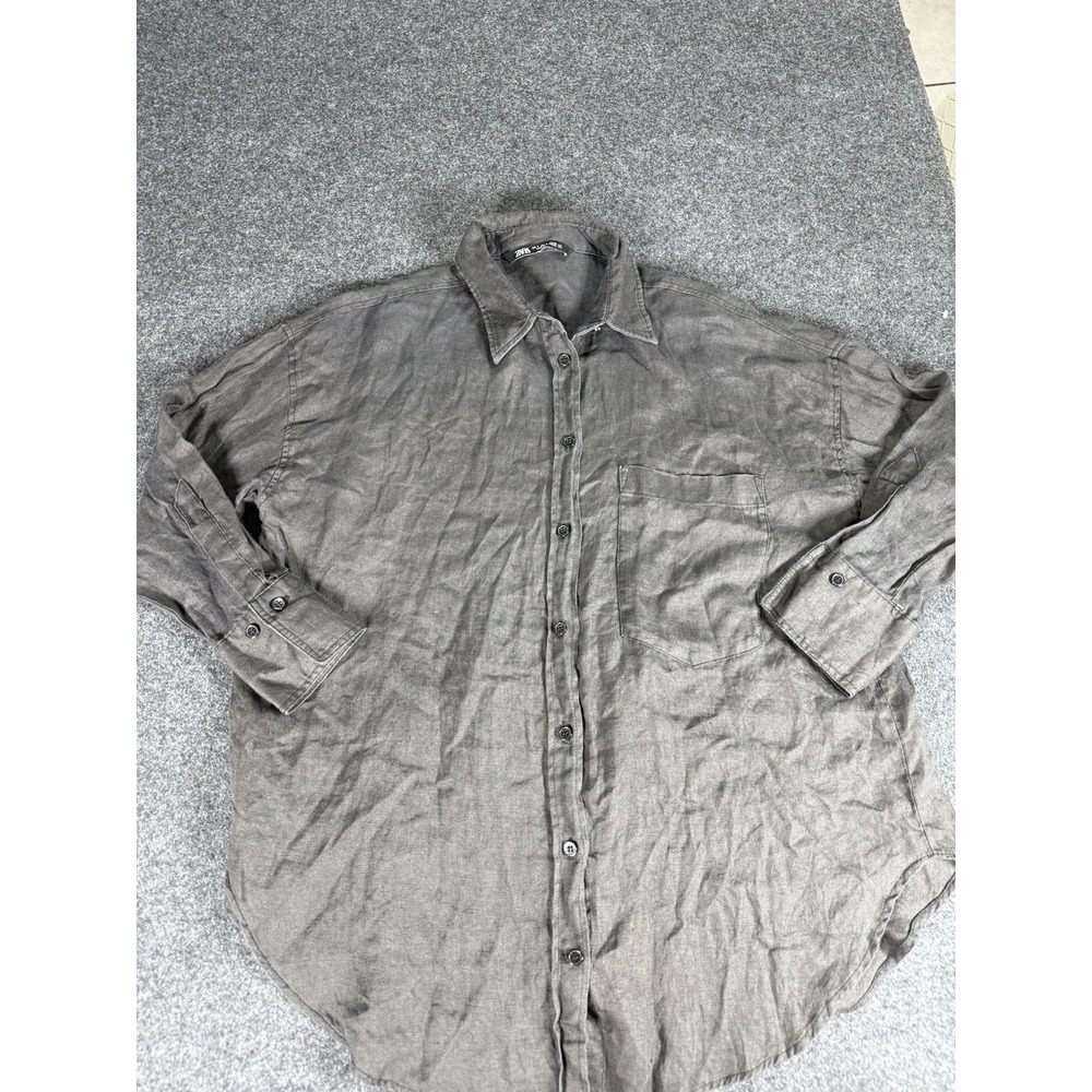 Zara Linen Blend Button Down Shirt Small Charcoal Grey Minimal Boho Coastal